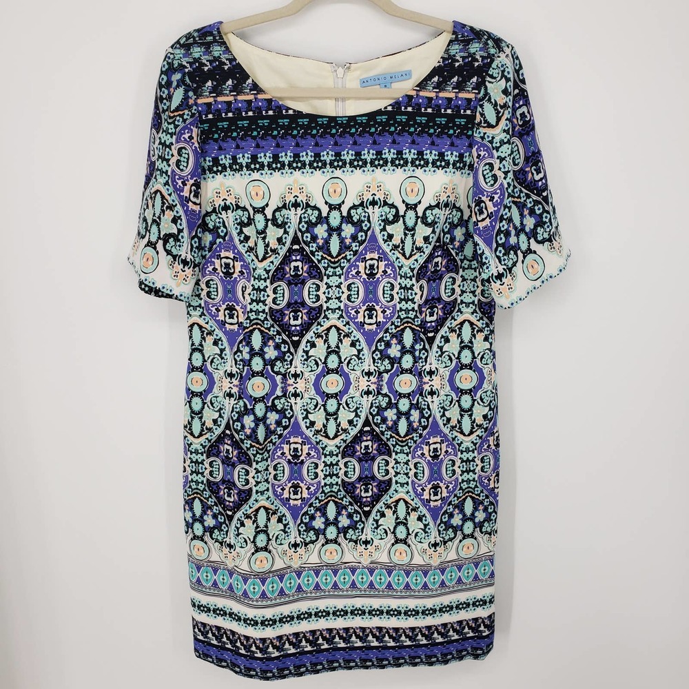 Antonio Melani Kaleidoscope Shift Dress 8 Short Sleeve Geometric Blue Black Geo